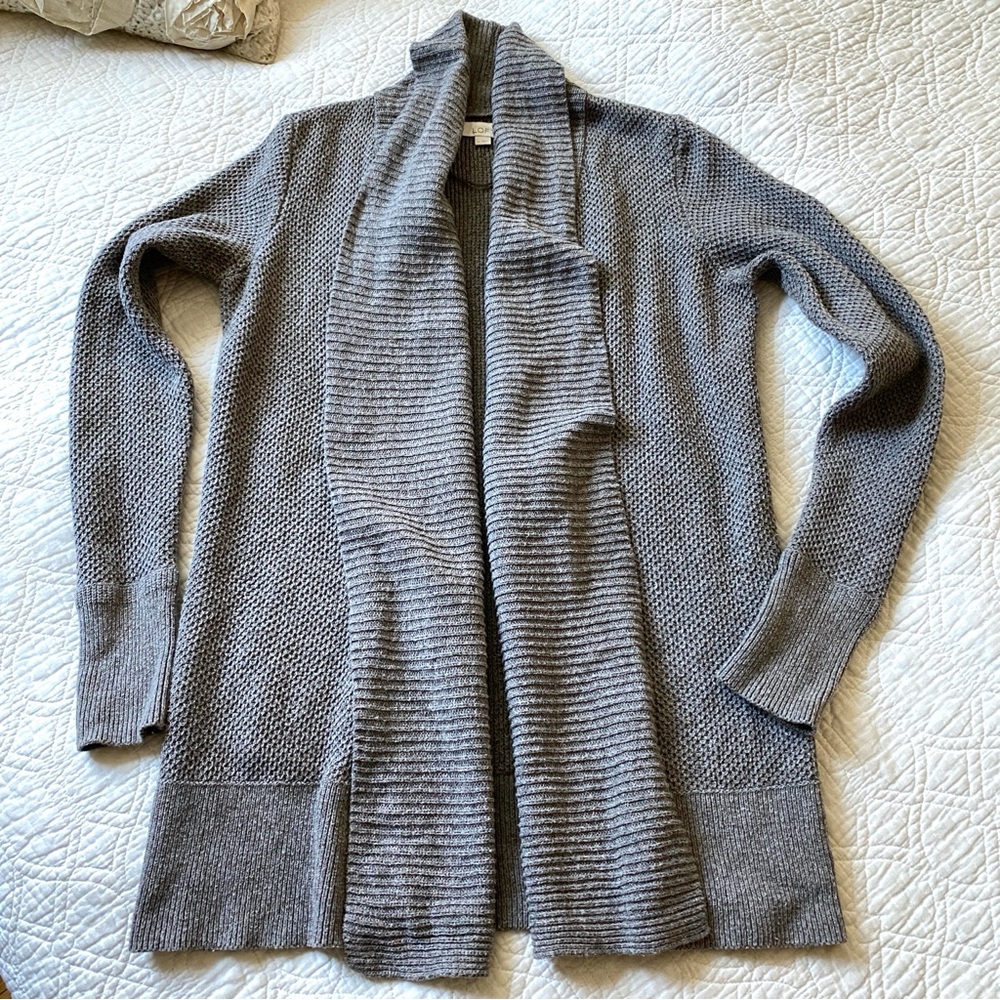 Loft Cotton Blend Cardigan Sweater Beige Brown Longline Open Front Size M